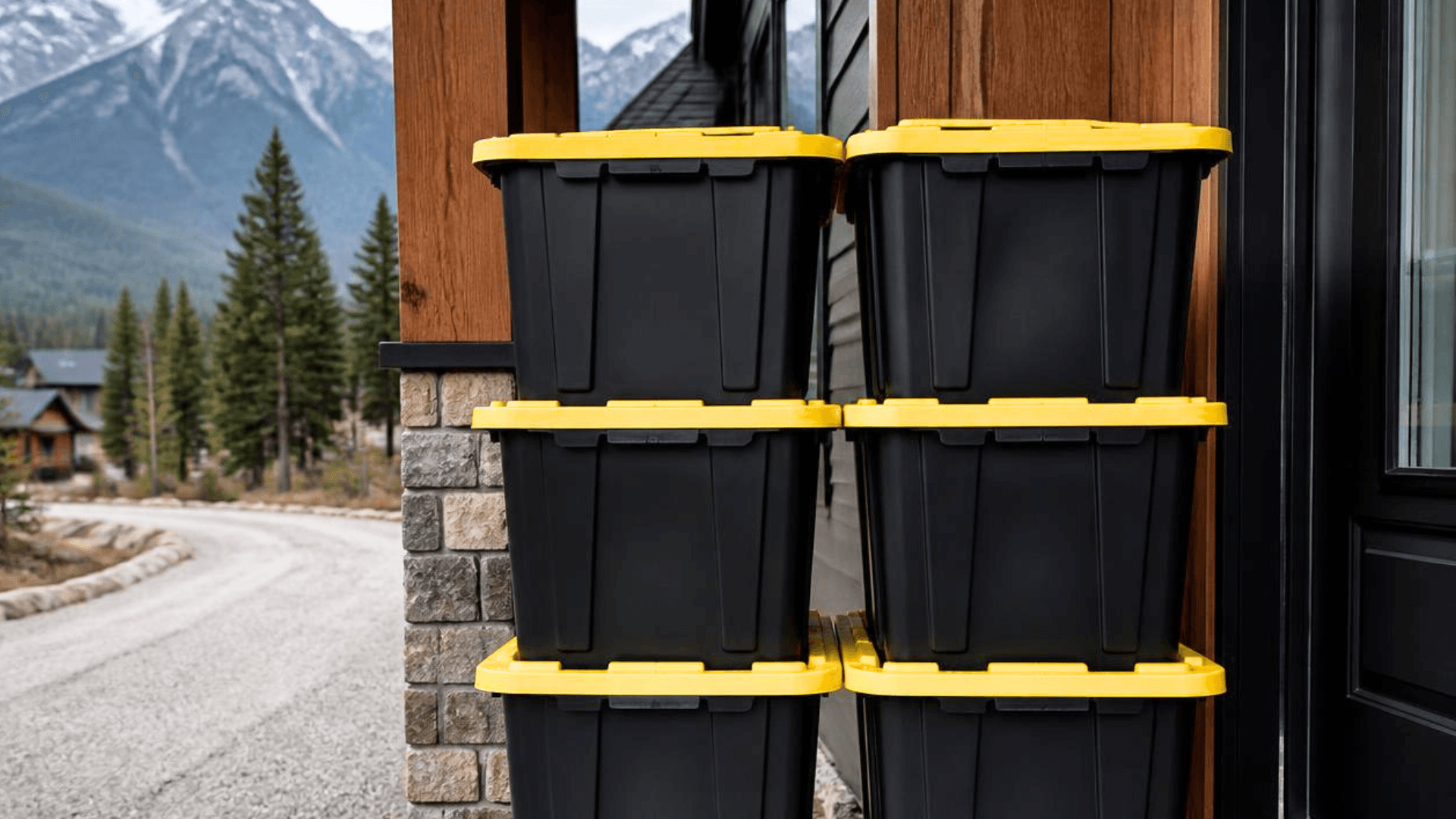 Stacked heavy-duty moving totes on a porch with the Canmore mountains behind